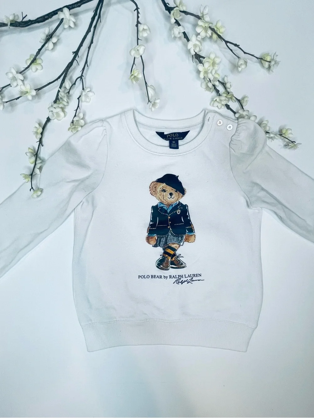 Ralph Lauren White Polo Bear Long Sleeve Sweatshirt with Navy Accent